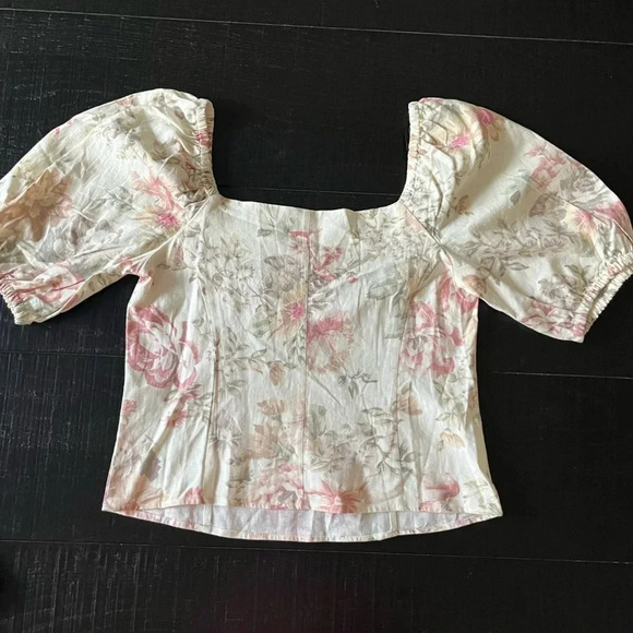 H&M Linen-blend Crop Top Natural white/floral Size S - Picture 6 of 6